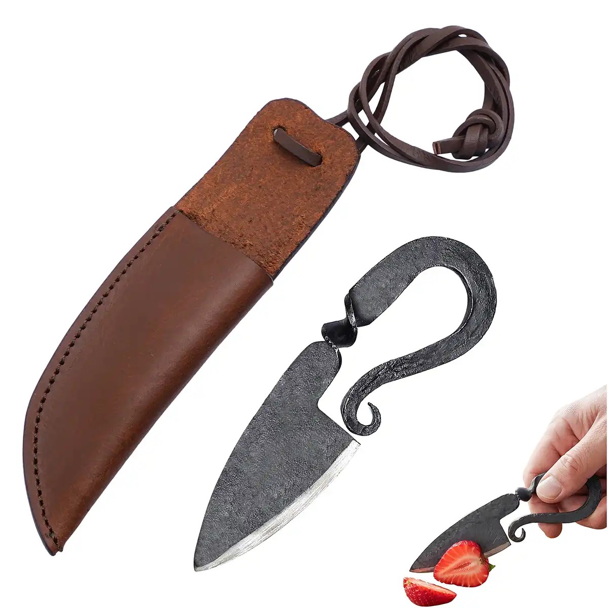 Hand-Forged Medieval Iron Neck Knife with Leather Sheath - Image 2