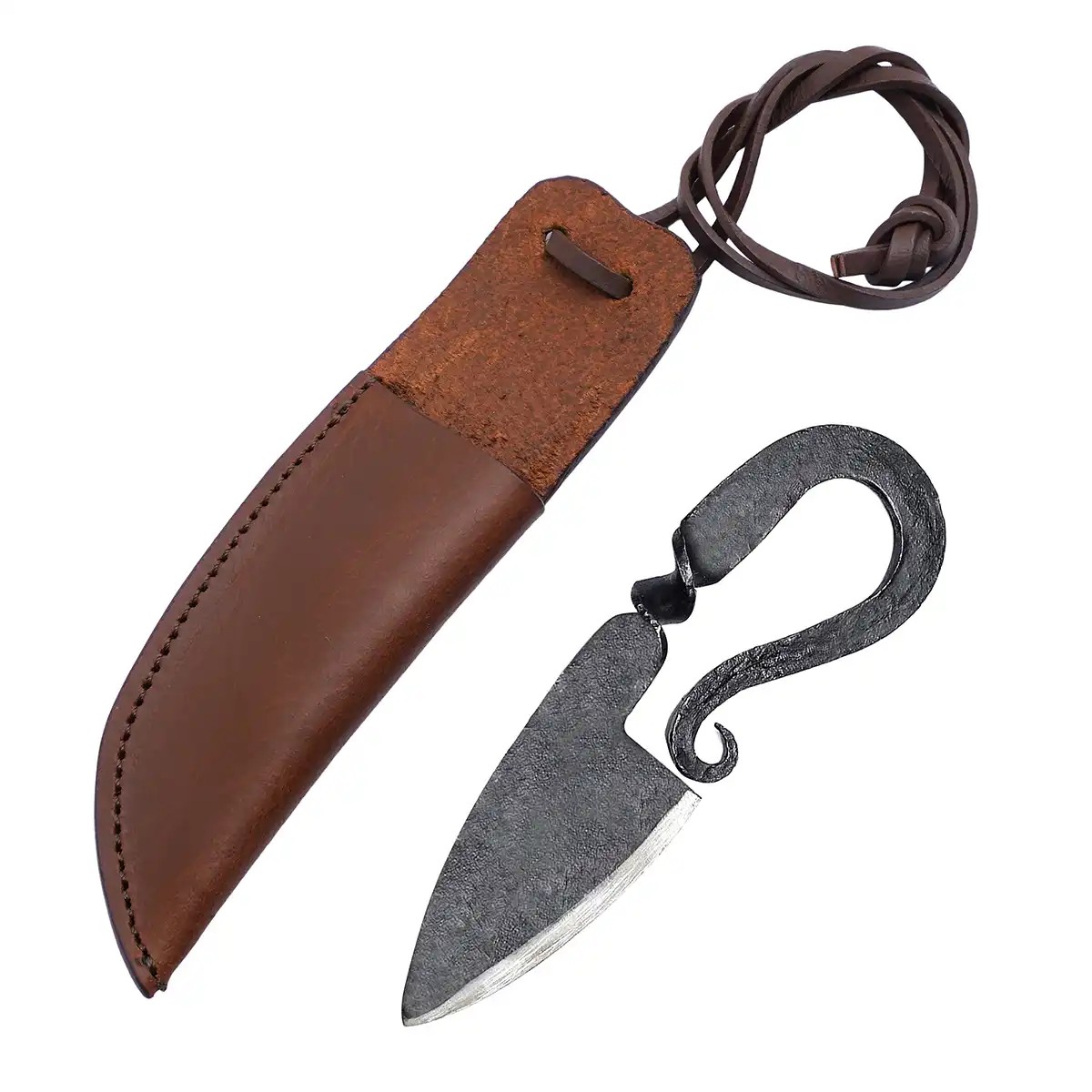 Hand-Forged Medieval Iron Neck Knife with Leather Sheath
