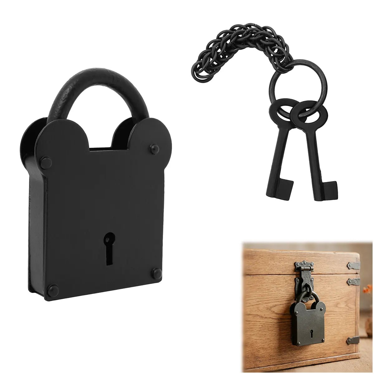 Medici Hand-Forged Iron Padlock with Chainmail Keychain - Image 2